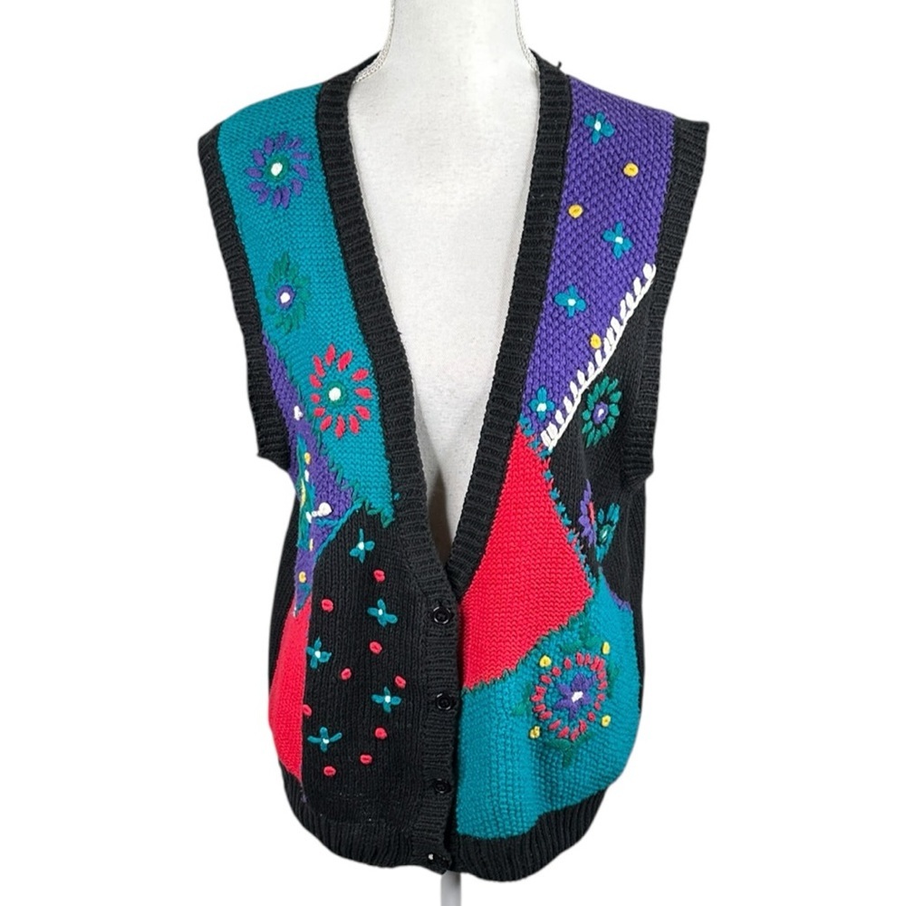 Koret Sport Vintage Floral Colorful Knit Cottagecore Vest Button Closure Sz Med - Picture 2 of 5
